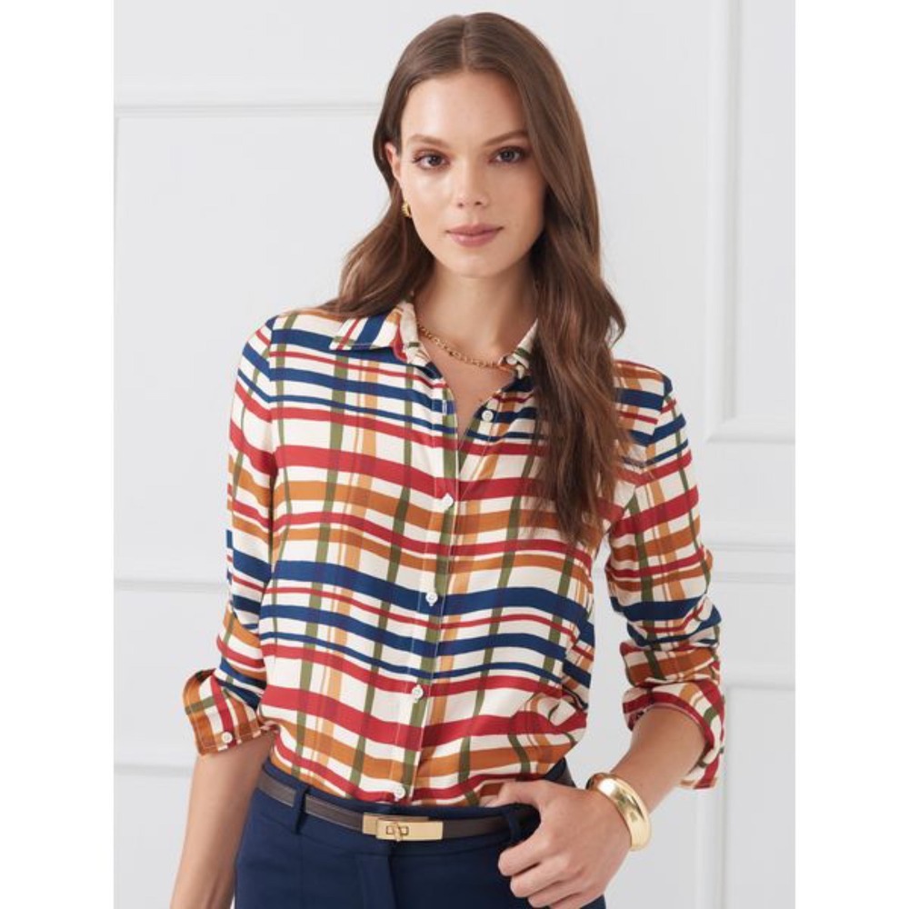 J. McLaughlin Plaid Button Down Shirt Silk Blend Red Blue M